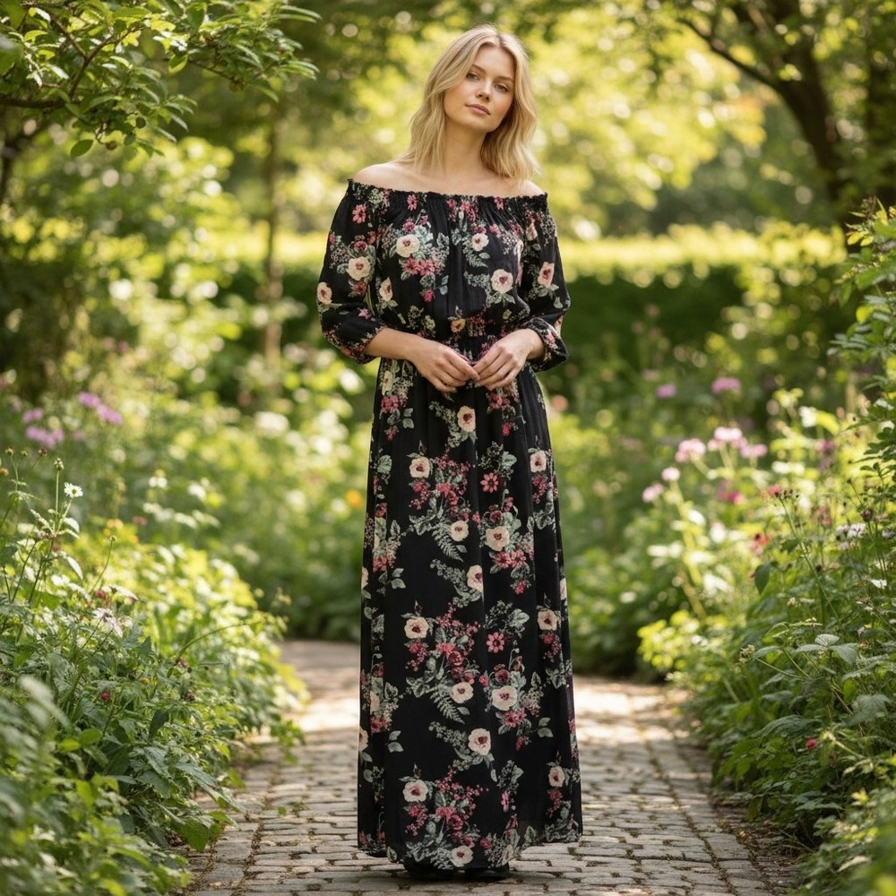 Jones Studio Floral Maxi Dress Off Shoulder 8 Black Pink Chiffon Boho 3/4 Sleeve